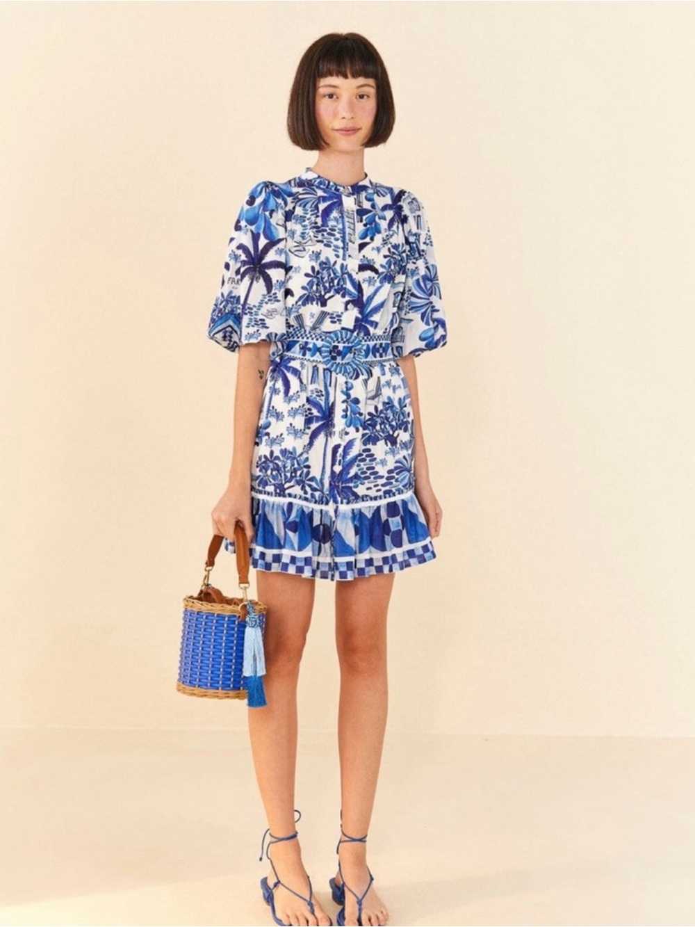 Farm Rio Sweet Rio Puff Dress, Blue & White, Size Medium, Tropical, Resortwear - Picture 2 of 9